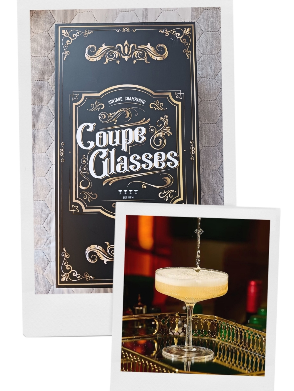 Old Fashioned Coupe Champagne Glass Gift Set , 4 Pcs Ribbed Glass Satin Lined